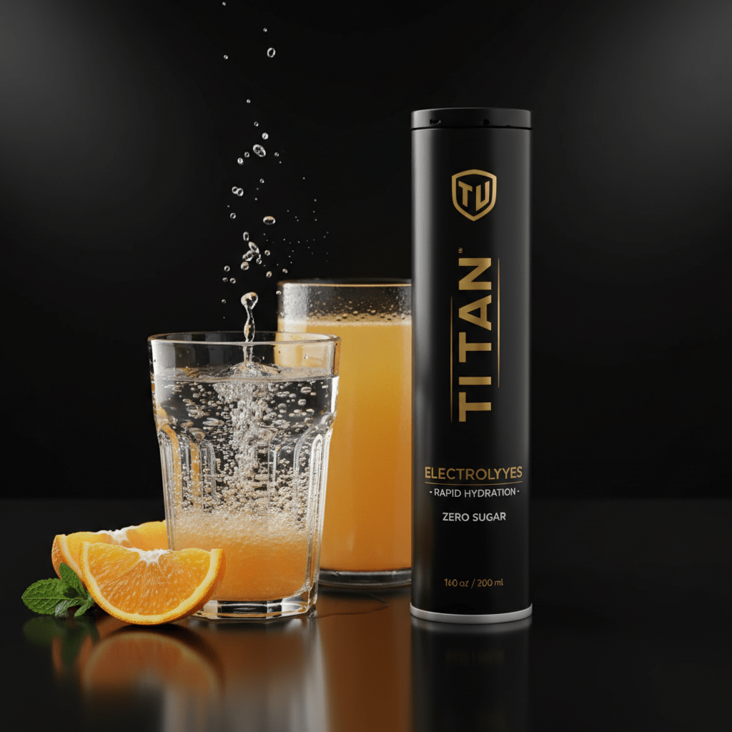 Black TITAN electrolyte tube with gold logo next to effervescent orange drink, fresh orange slices, and mint leaves.