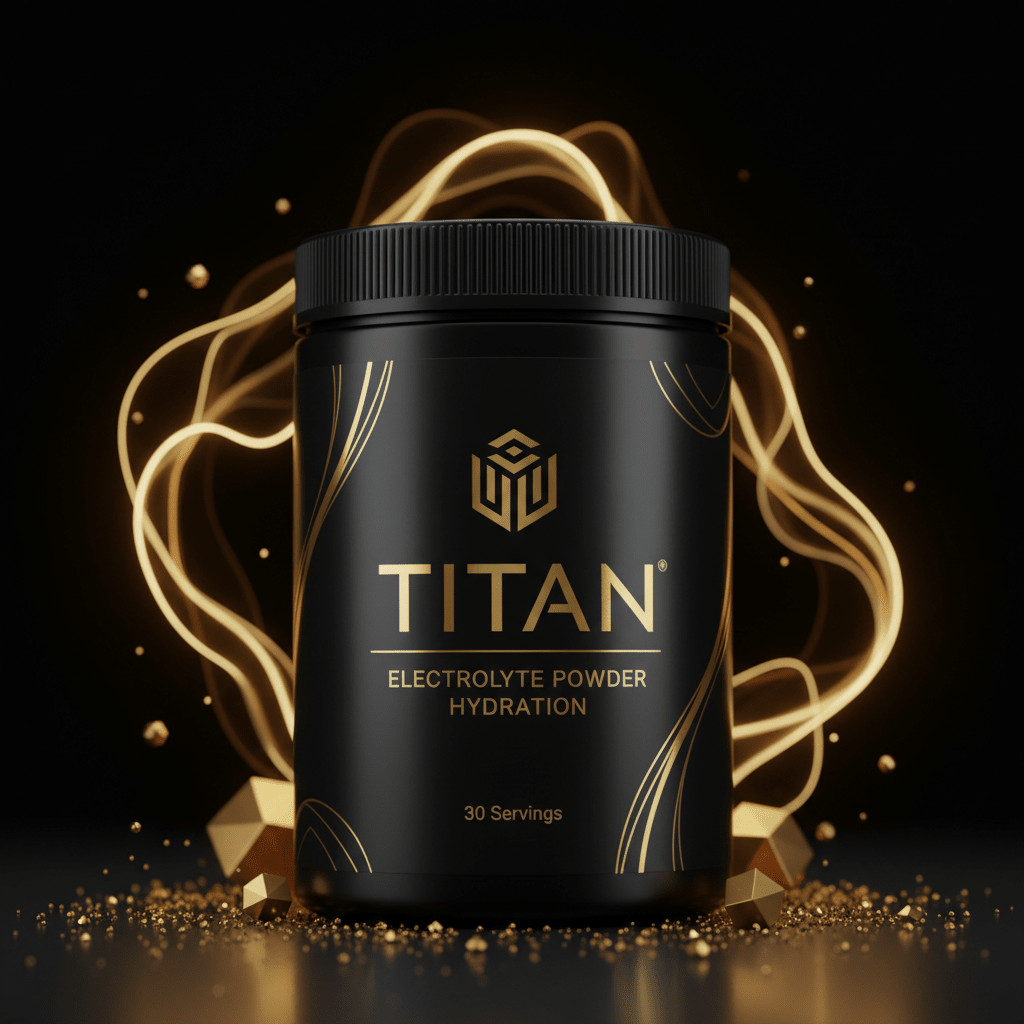 Black TITAN electrolyte powder jar with gold text and geometric logo, framed by glowing golden light ribbons.