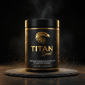 Black TITAN Sport electrolyte tub with gold eagle logo and text, surrounded by golden sparkles on a stone base.