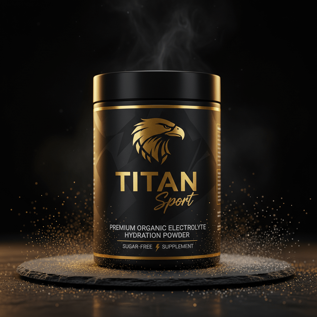 Black TITAN Sport electrolyte tub with gold eagle logo and text, surrounded by golden sparkles on a stone base.
