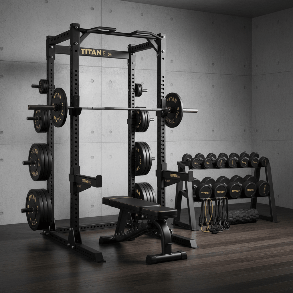 TITAN Elite black power rack with barbell, weights, adjustable bench, dumbbell rack, and bands against concrete wall.