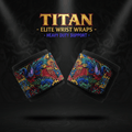 TITAN Elite wrist wraps with a colorful rooster and steampunk gear pattern on a black background.