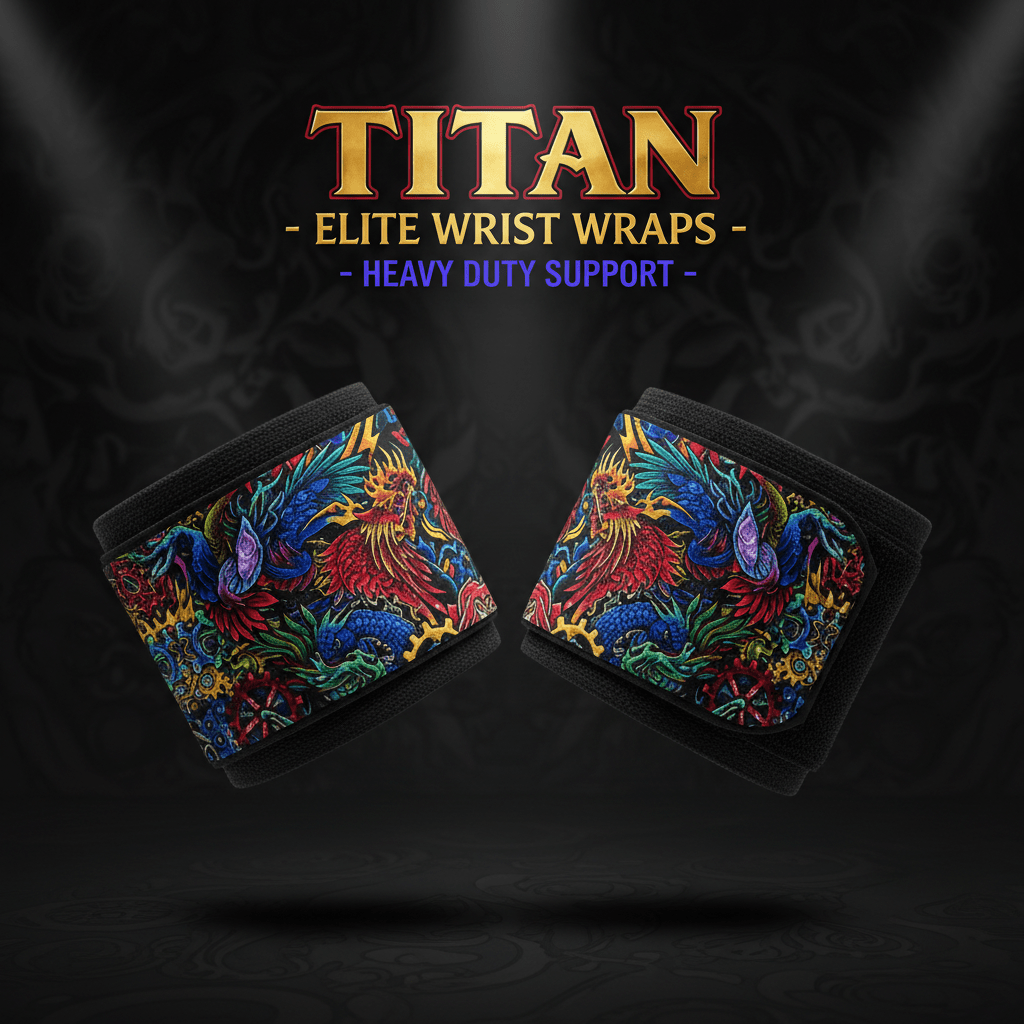 TITAN Elite wrist wraps with a colorful rooster and steampunk gear pattern on a black background.
