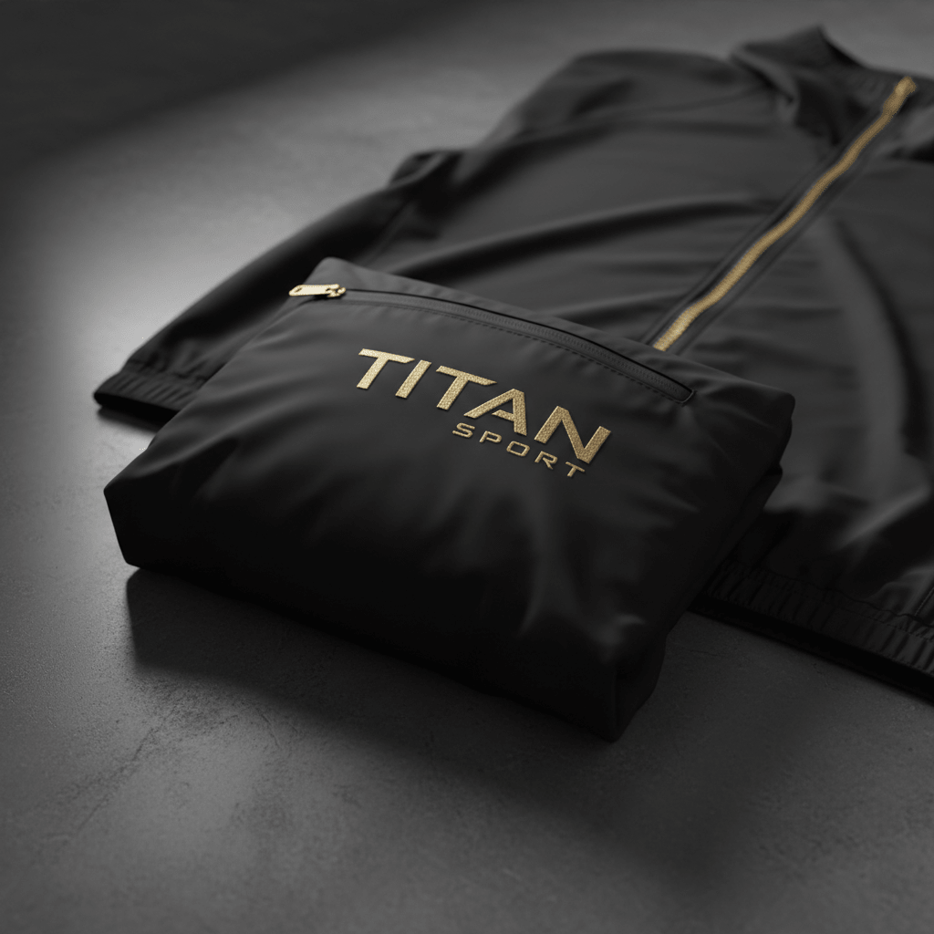 Black packable athletic jacket with gold zipper and embroidered TITAN SPORT logo, folded into a matching pouch.