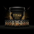TITAN 30-day emergency survival kit featuring a large black bucket and assorted food pouches against a dark background.