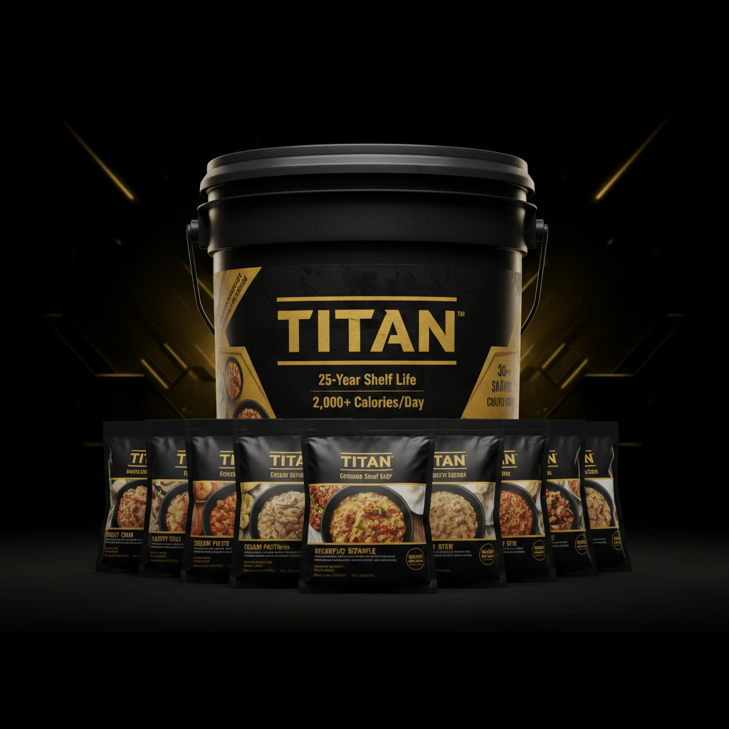 TITAN 30-day emergency survival kit featuring a large black bucket and assorted food pouches against a dark background.