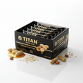 TITAN Peanut Butter energy bars in a black 12-pack box with gold text, scattered peanuts, oats, and honey drizzle.