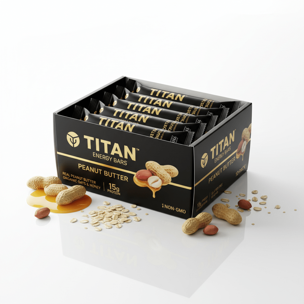 TITAN Peanut Butter energy bars in a black 12-pack box with gold text, scattered peanuts, oats, and honey drizzle.