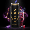 Black TITAN Berry Blast energy drink can with gold text, condensation, purple lightning, and a glass of berry drink.