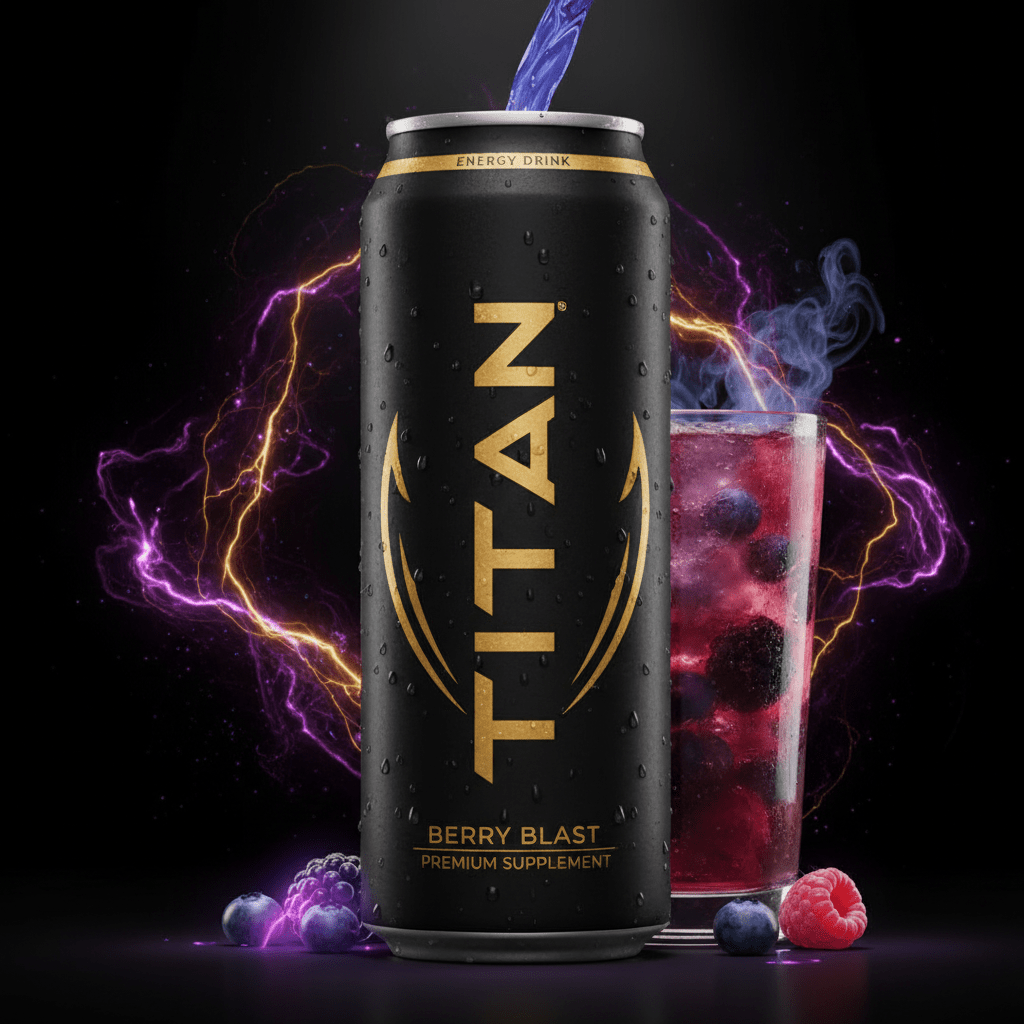 Black TITAN Berry Blast energy drink can with gold text, condensation, purple lightning, and a glass of berry drink.