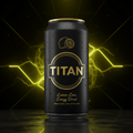 Matte black TITAN Lemon Lime energy drink can with gold text and lemon icon against a neon yellow lightning background.