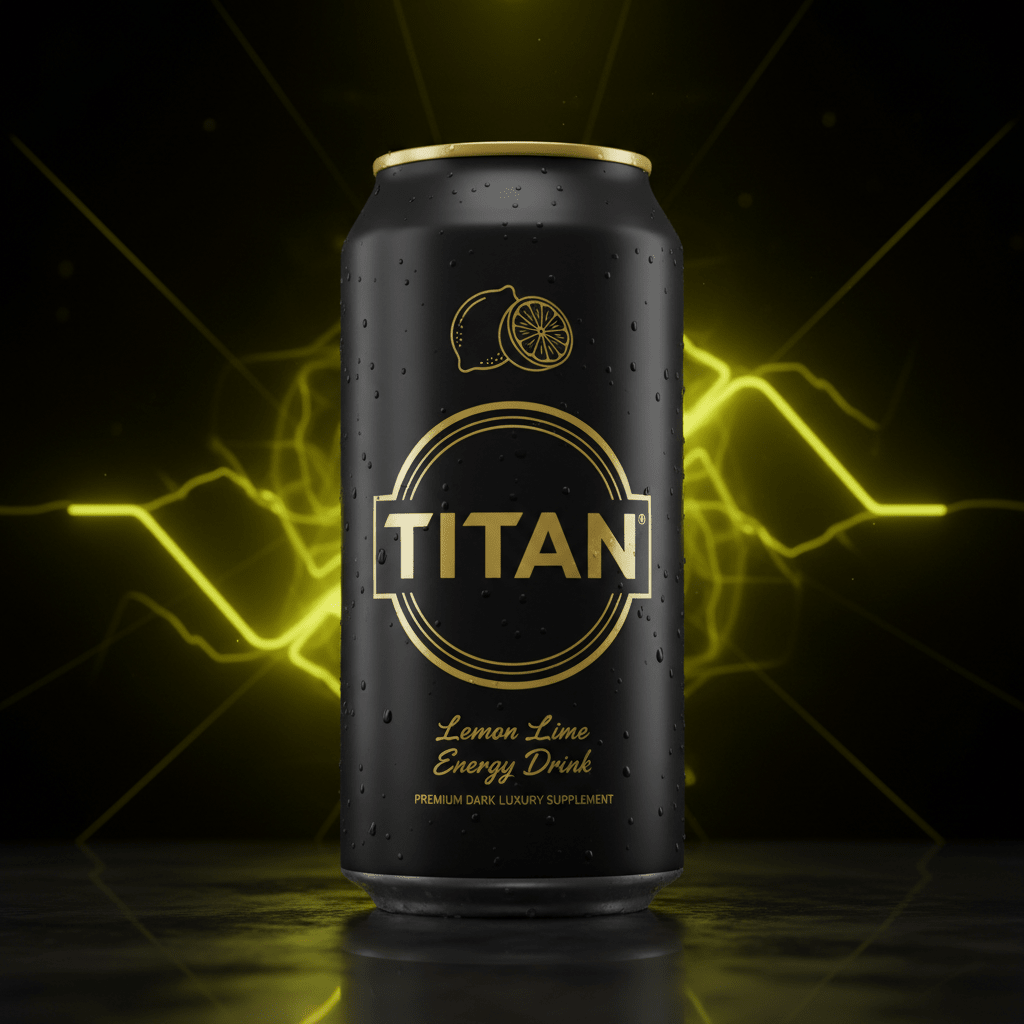Matte black TITAN Lemon Lime energy drink can with gold text and lemon icon against a neon yellow lightning background.