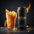 Black Titan Mango Madness can with gold text next to a condensation-covered glass of orange mango drink and ice.