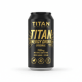 Matte black TITAN energy drink can with gold text, branding, starburst accents, and plant-based icons.