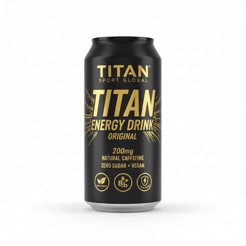 Matte black TITAN energy drink can with gold text, branding, starburst accents, and plant-based icons.