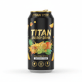 Black TITAN Tropical Blast energy drink can with gold text, tropical fruit illustrations, and three circular icons.
