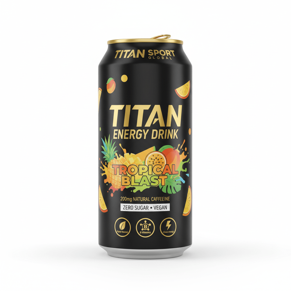 Black TITAN Tropical Blast energy drink can with gold text, tropical fruit illustrations, and three circular icons.
