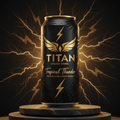 Matte black TITAN Tropical Thunder can with gold wings, lightning, and palm leaf art on a circular wooden pedestal.