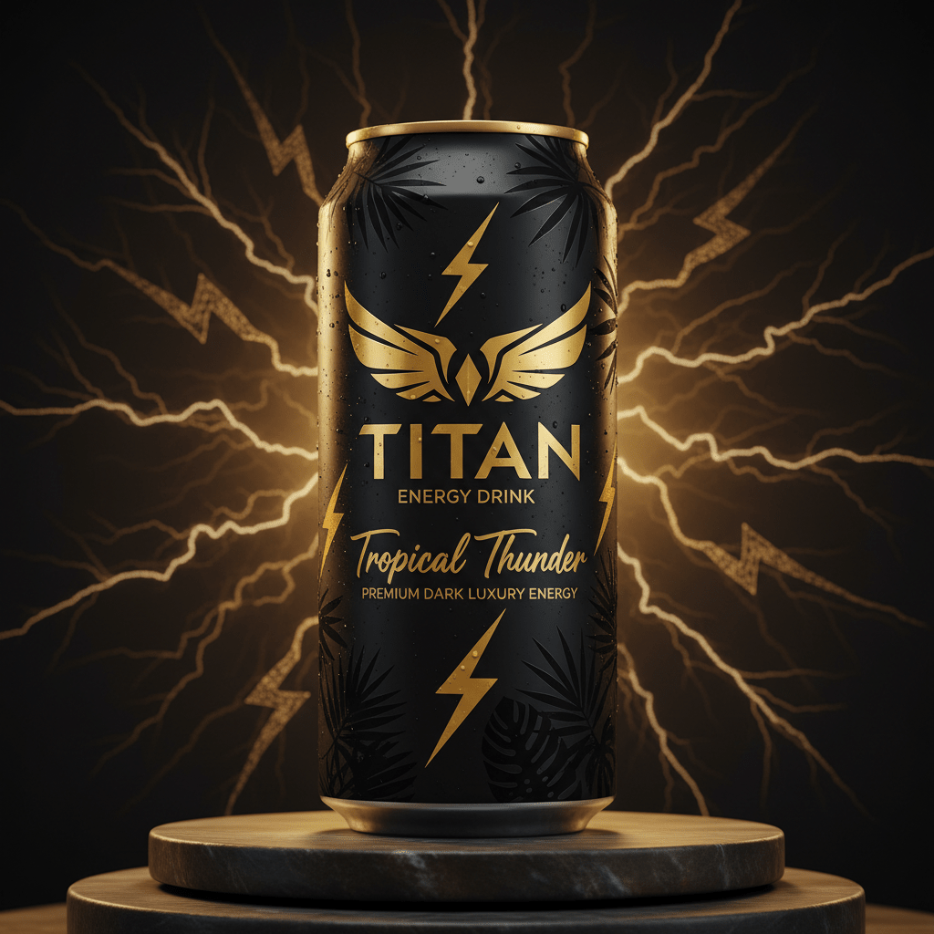 Matte black TITAN Tropical Thunder can with gold wings, lightning, and palm leaf art on a circular wooden pedestal.