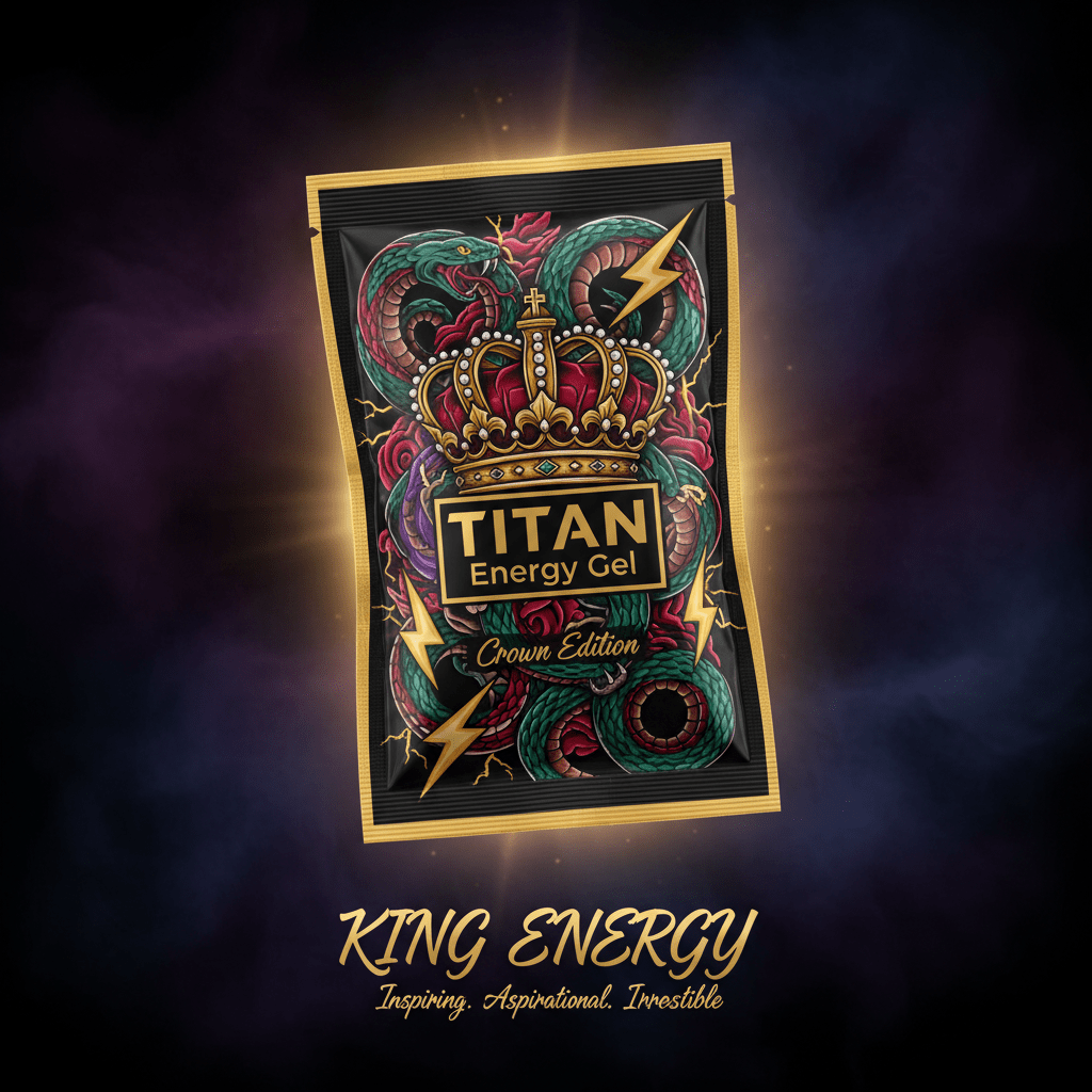 TITAN Energy Gel Crown Edition pack featuring a royal crown, green snakes, and gold lightning bolts on black.