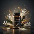 TITAN Enoki Mushroom supplement bottle in black and gold, surrounded by enoki mushrooms, leaves, and glowing sparkles.