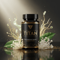 Black supplement bottle labeled "TITAN Enoki Mushroom" with white enoki mushrooms, green leaves, and gold accents.