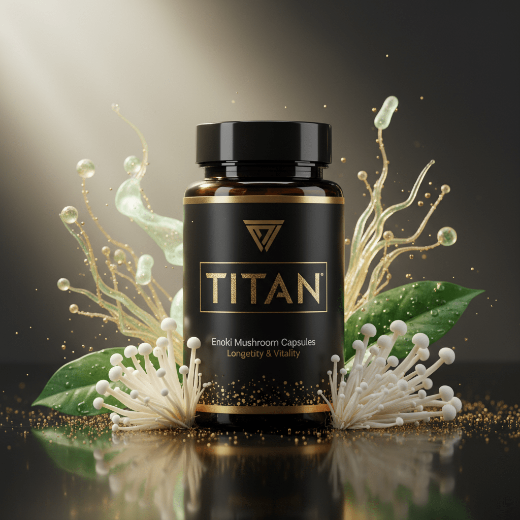 Black supplement bottle labeled "TITAN Enoki Mushroom" with white enoki mushrooms, green leaves, and gold accents.