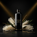 Black glossy bottle with gold "TITAN Enoki Mushroom" text, surrounded by enoki mushrooms, leaves, and golden stems.