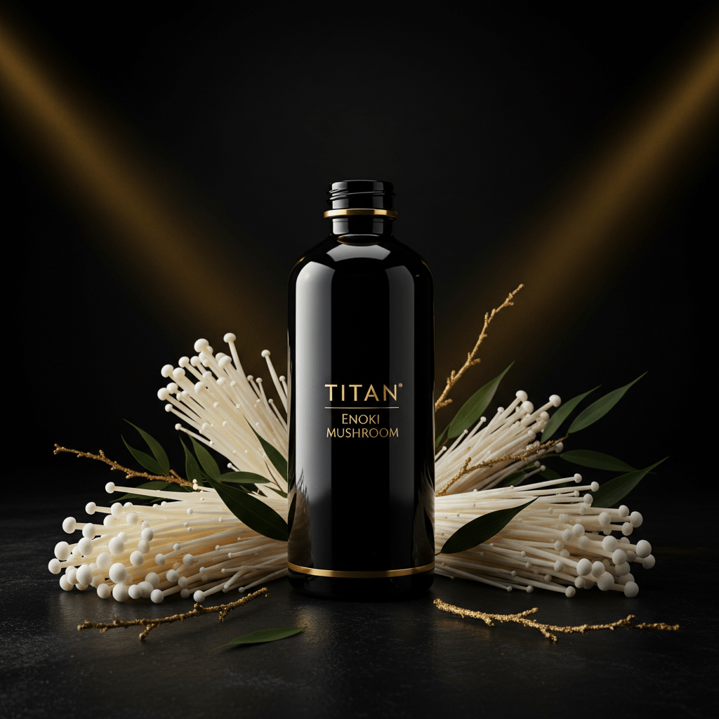 Black glossy bottle with gold "TITAN Enoki Mushroom" text, surrounded by enoki mushrooms, leaves, and golden stems.