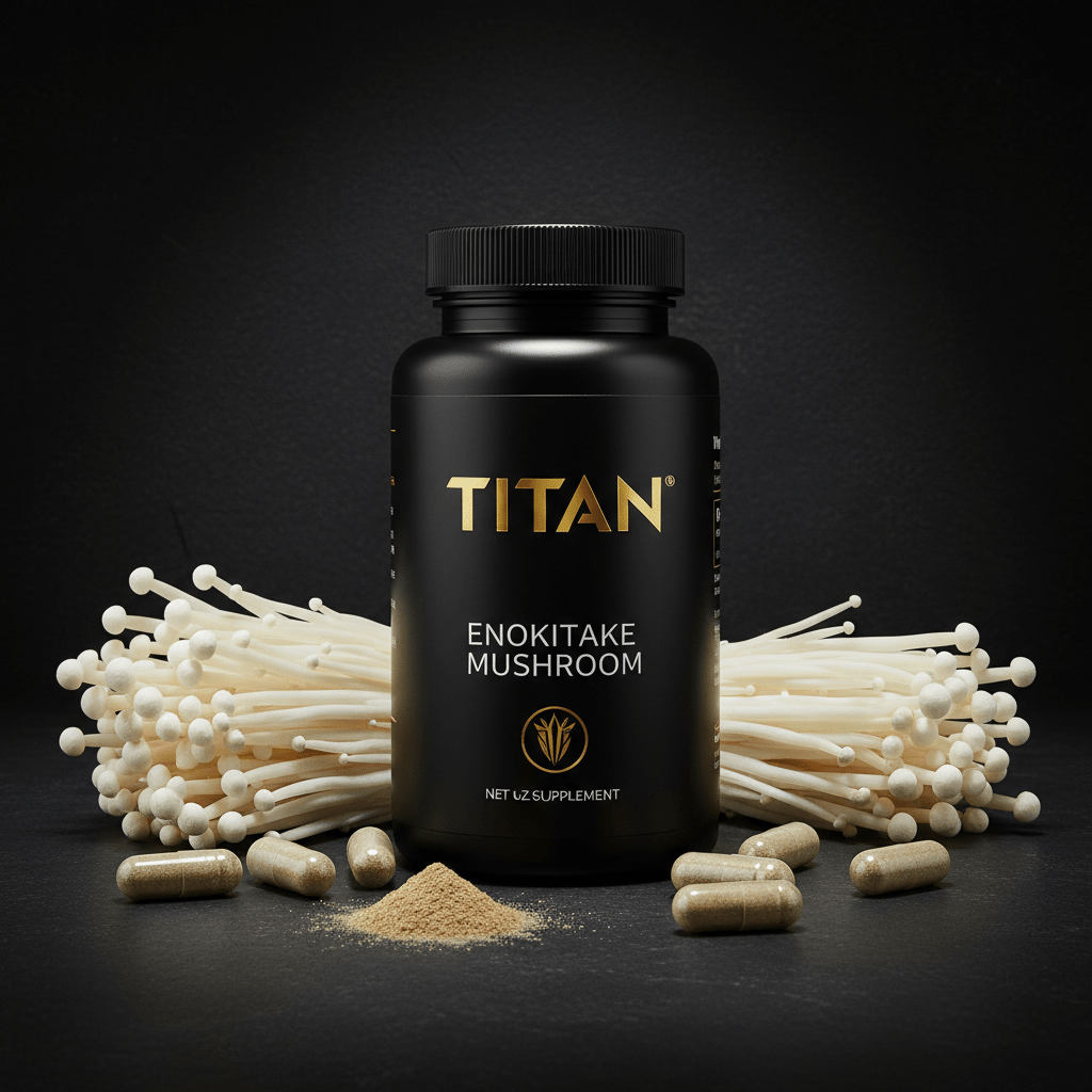 Black bottle of TITAN Enokitake Mushroom supplement with gold text, surrounded by fresh mushrooms, powder, and pills.