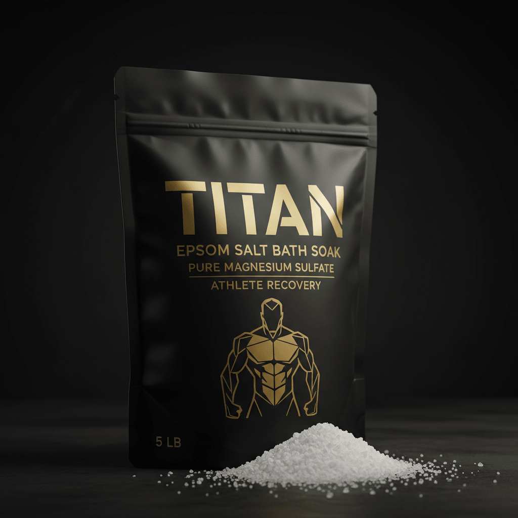 Matte black pouch of TITAN Epsom Salt with gold branding, athletic figure graphic, and a pile of white salt crystals.