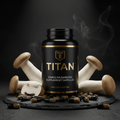 TITAN Eringi Mushroom supplement bottle with gold logo, surrounded by fresh mushrooms and capsules on slate base.