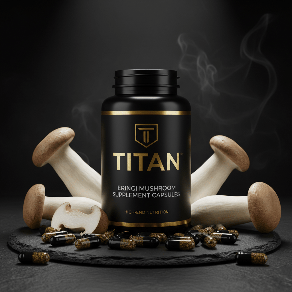 TITAN Eringi Mushroom supplement bottle with gold logo, surrounded by fresh mushrooms and capsules on slate base.