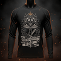 Black long-sleeve shirt featuring a kingly warrior, open book, and "Every Rep Rewrites My Story" motivational print.