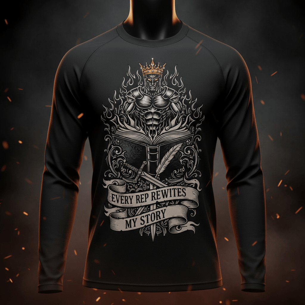 Black long-sleeve shirt featuring a kingly warrior, open book, and "Every Rep Rewrites My Story" motivational print.