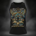 Black tank top featuring a winged lifter, golden crown, and the motivational text "Every Rep Rewrites My Story."