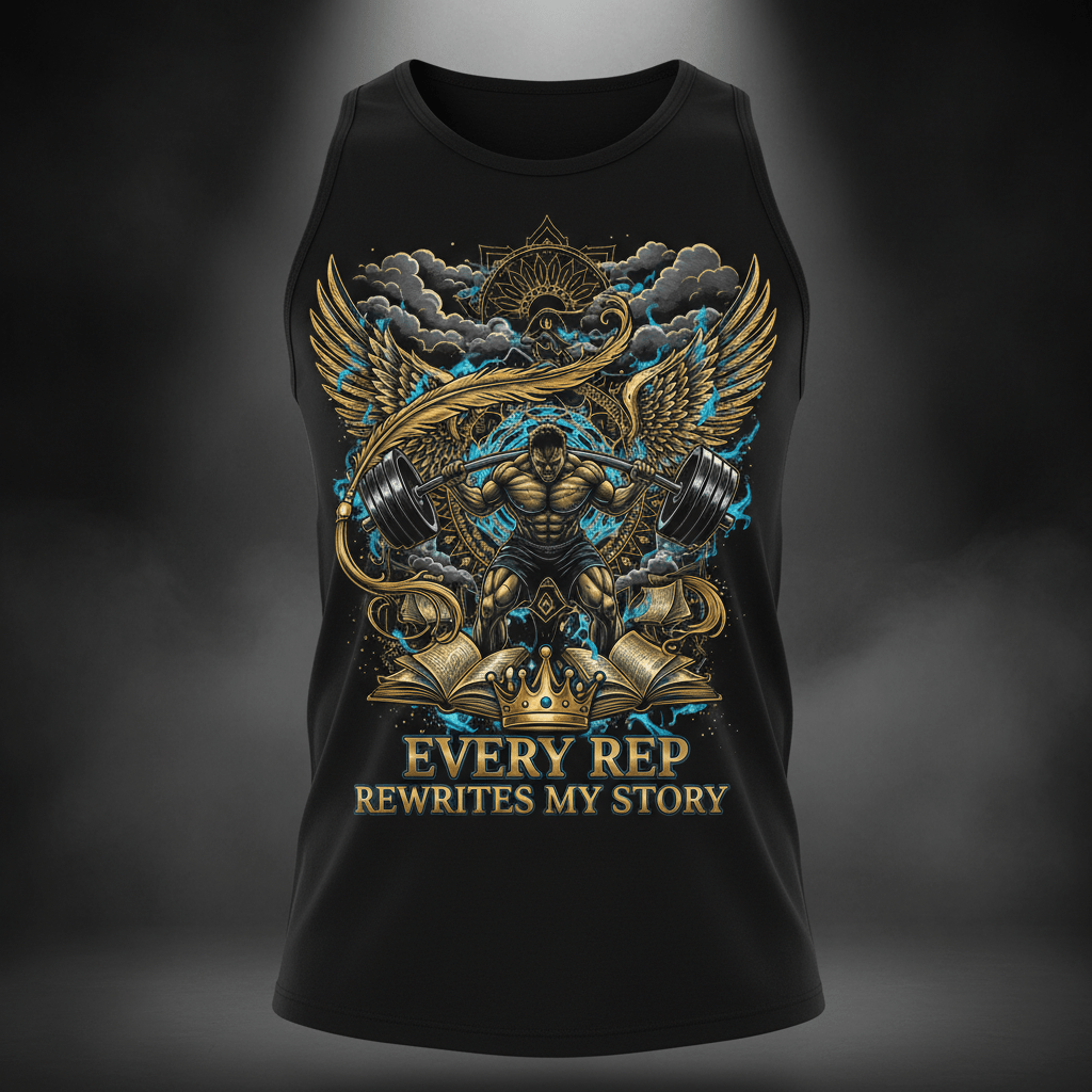 Black tank top featuring a winged lifter, golden crown, and the motivational text "Every Rep Rewrites My Story."