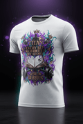 White performance t-shirt featuring "Every Rep Rewrites My Story" graphic, flaming book, and dumbbells.