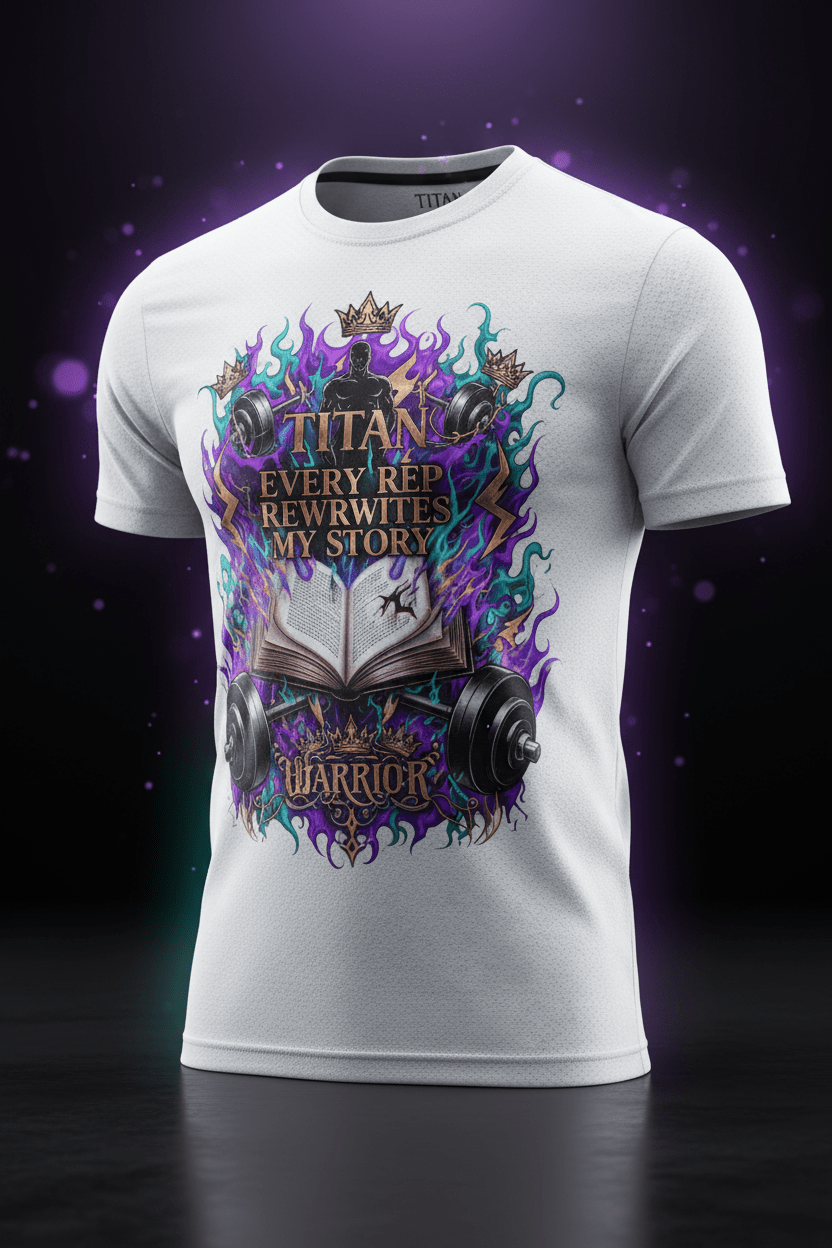 White performance t-shirt featuring "Every Rep Rewrites My Story" graphic, flaming book, and dumbbells.