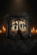 Black athletic shorts featuring a storybook print of a weightlifter’s journey and the slogan "Every Rep Rewrites My Story."
