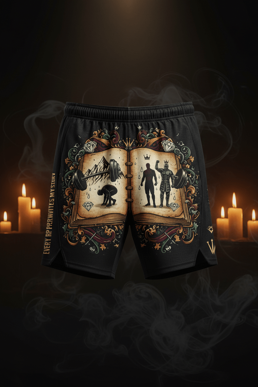 Black athletic shorts featuring a storybook print of a weightlifter’s journey and the slogan "Every Rep Rewrites My Story."