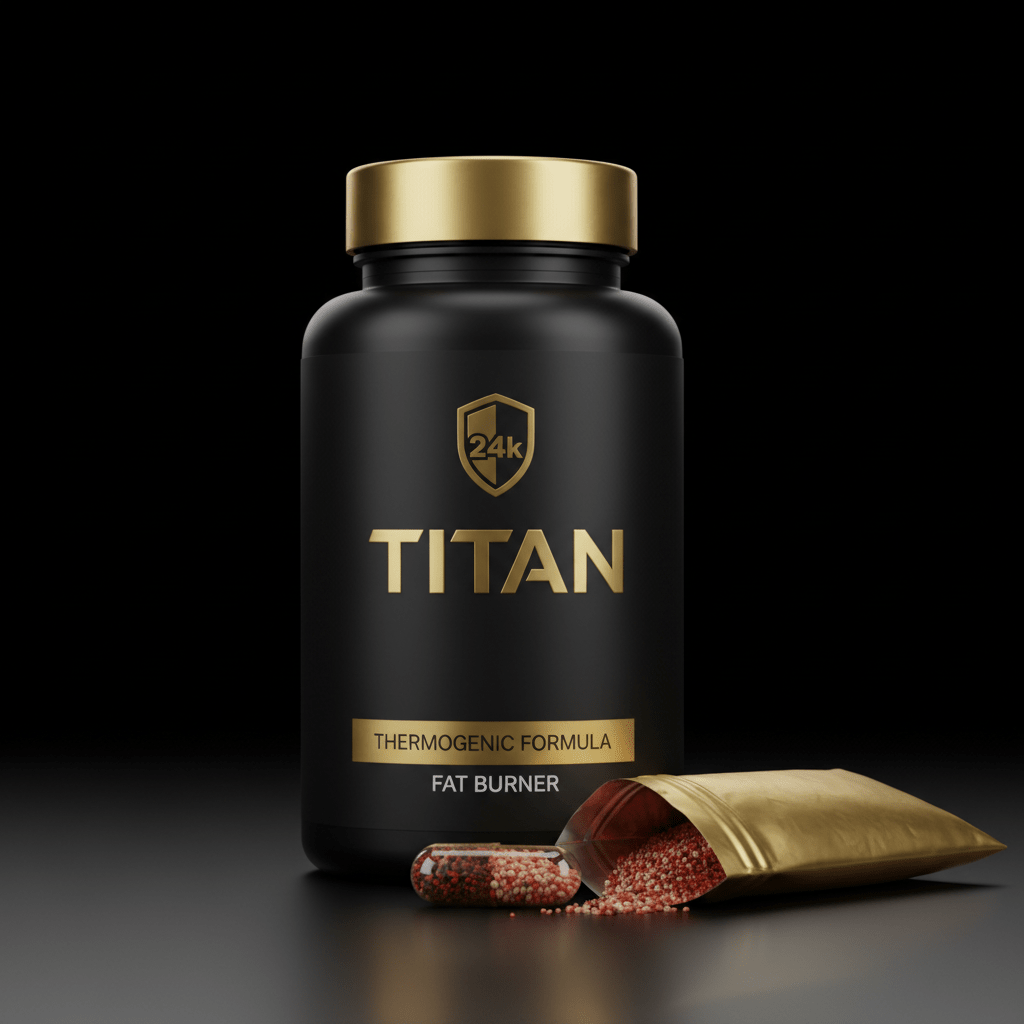 Black matte bottle of TITAN 24k Fat Burner with gold cap and label, next to a capsule and a gold foil pouch of beads.