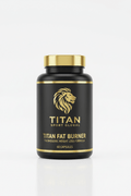 Black bottle with gold cap and accents, featuring a gold lion logo and TITAN FAT BURNER text on a white background.