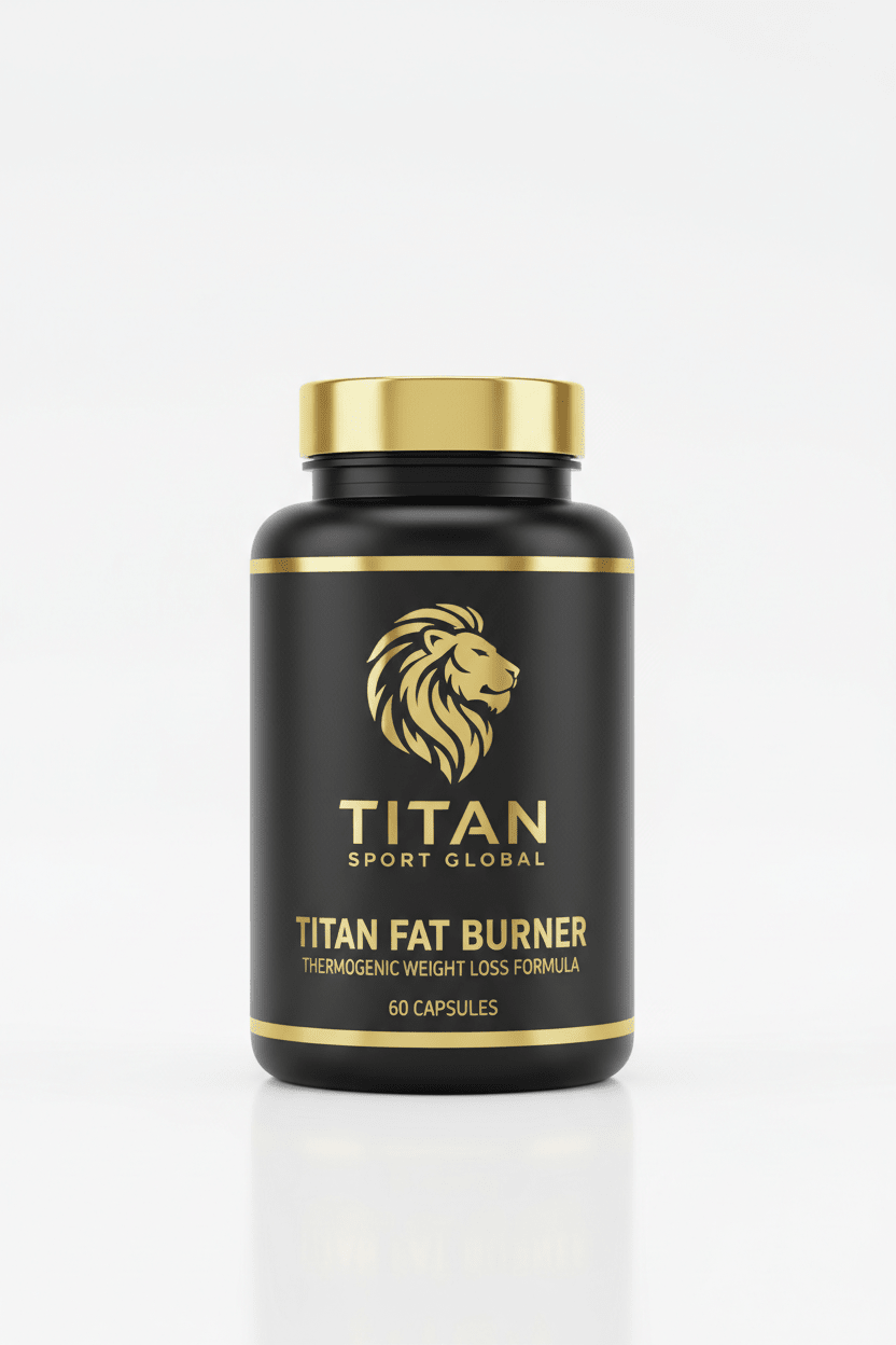 Black bottle with gold cap and accents, featuring a gold lion logo and TITAN FAT BURNER text on a white background.