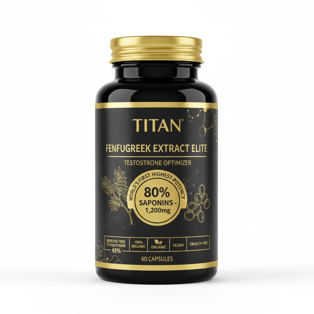 Black bottle of Titan Fenugreek Extract Elite with gold text and cap, highlighting 80% saponins and 60 capsules.