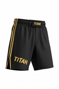 Black TITAN fight shorts with gold side stripes, gold TITAN branding, and a secure front velcro closure.