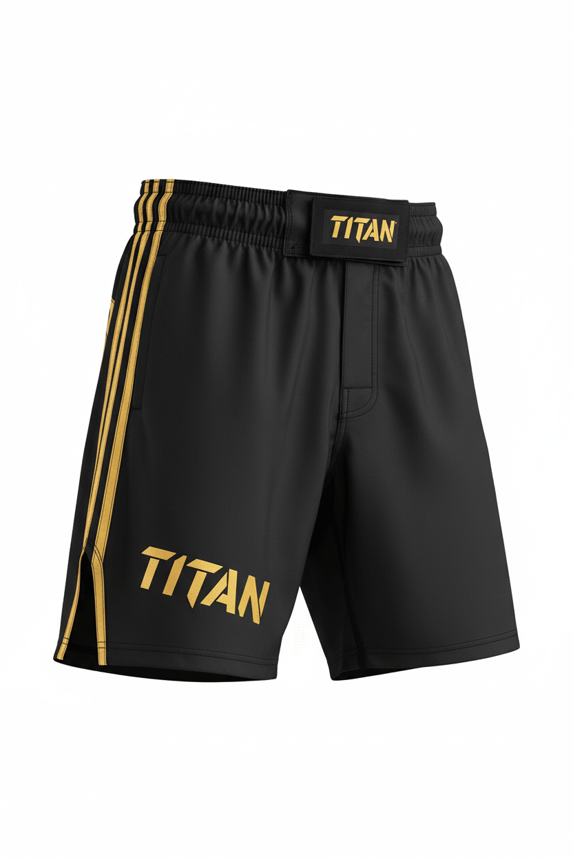 Black TITAN fight shorts with gold side stripes, gold TITAN branding, and a secure front velcro closure.