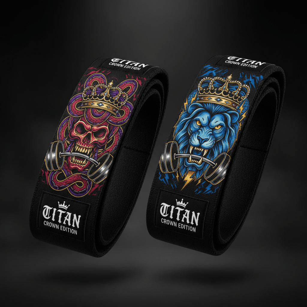 Two Titan Crown Edition black figure-8 lifting straps with skull-snake and lion graphics holding barbells in teeth.