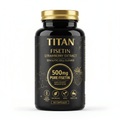 Black bottle of Titan Fisetin Strawberry Extract with gold cap and text, featuring molecular graphics and icons.