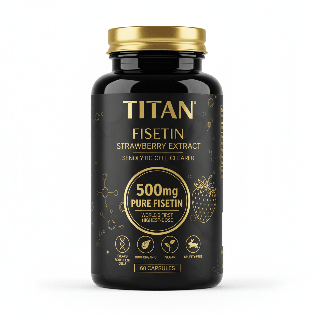 Black bottle of Titan Fisetin Strawberry Extract with gold cap and text, featuring molecular graphics and icons.